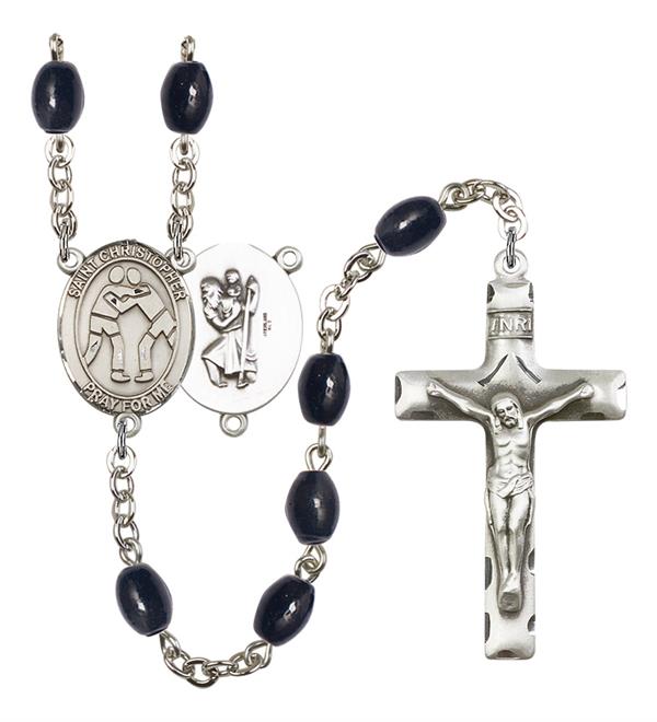 St. Christopher / Wrestling Rosary, 8x6mm Black Onyx Beads, Silver Plate, # 13465