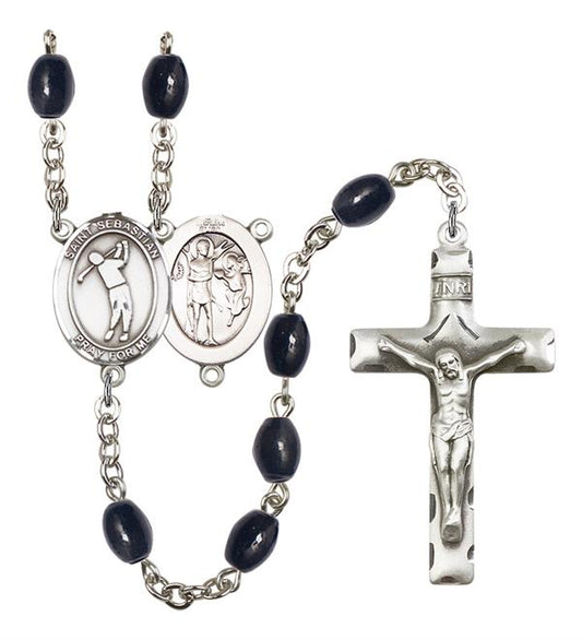 St. Sebastian / Golf Rosary, 8x6mm Black Onyx Beads, Silver Plate, # 13468