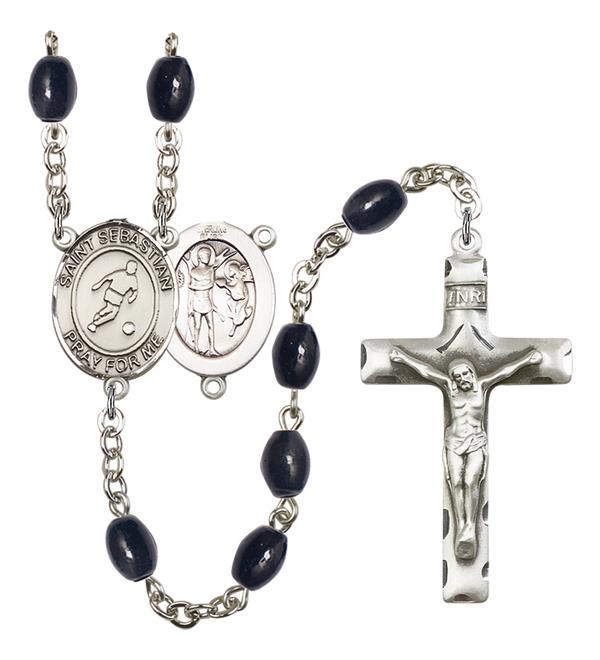 St. Sebastian / Soccer Rosary, 8x6mm Black Onyx Beads, Silver Plate, # 13470