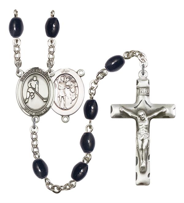 St. Sebastian / Ice Hockey Rosary, 8x6mm Black Onyx Beads, Silver Plate, # 13471