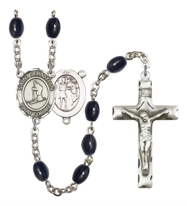 St. Sebastian / Skiing Rosary, 8x6mm Black Onyx Beads, Silver Plate, # 13476