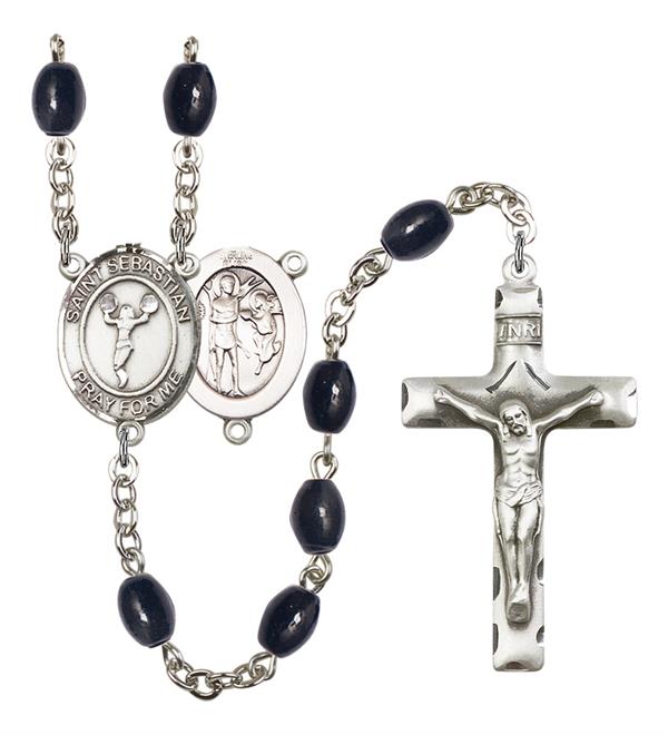 St. Sebastian / Cheerleading Rosary, 8x6mm Black Onyx Beads, Silver Plate, # 13477