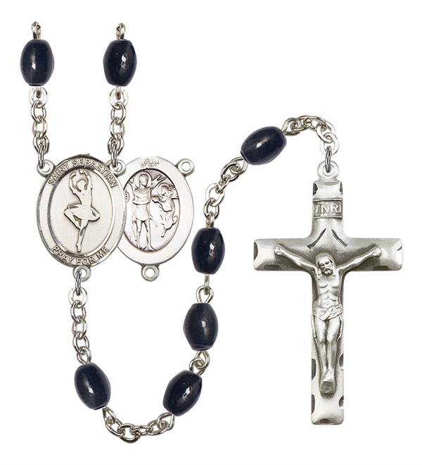 St. Sebastian / Dance Rosary, 8x6mm Black Onyx Beads, Silver Plate, # 13480