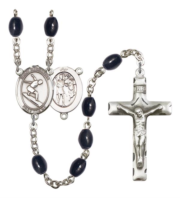 St. Sebastian / Surfing Rosary, 8x6mm Black Onyx Beads, Silver Plate, # 13482