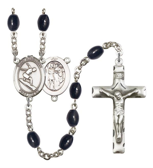 St. Sebastian / Surfing Rosary, 8x6mm Black Onyx Beads, Silver Plate, # 13482