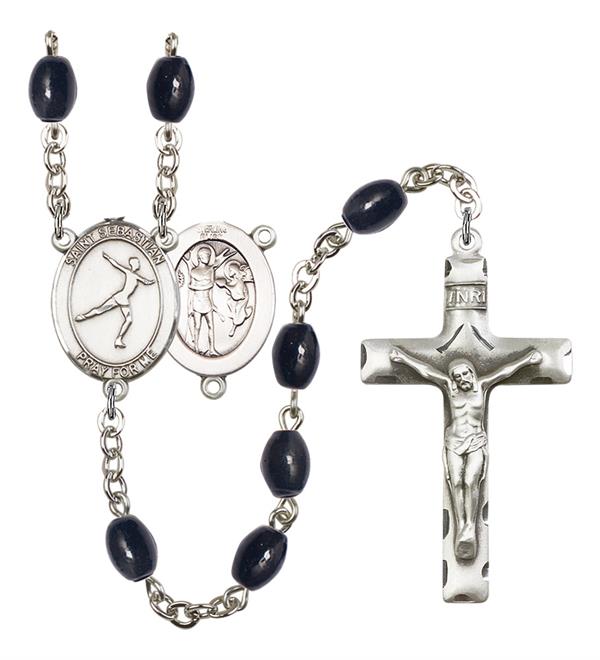 St. Sebastian / Figure Skating Rosary, 8x6mm Black Onyx Beads, Silver Plate, # 13484