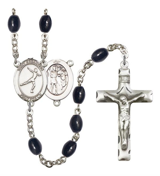 St. Sebastian / Figure Skating Rosary, 8x6mm Black Onyx Beads, Silver Plate, # 13484