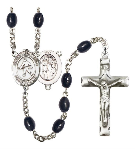 St. Sebastian / Field Hockey Rosary, 8x6mm Black Onyx Beads, Silver Plate, # 13485