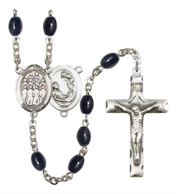 St. Cecilia / Choir Rosary, 8x6mm Black Onyx Beads, Silver Plate, # 13487