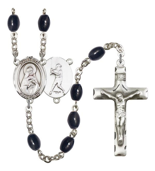St. Rita / Baseball Rosary, 8x6mm Black Onyx Beads, Silver Plate, # 13488
