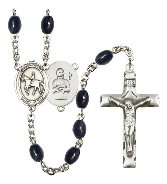 St. Kateri / Equestrian Rosary, 8x6mm Black Onyx Beads, Silver Plate, # 13489