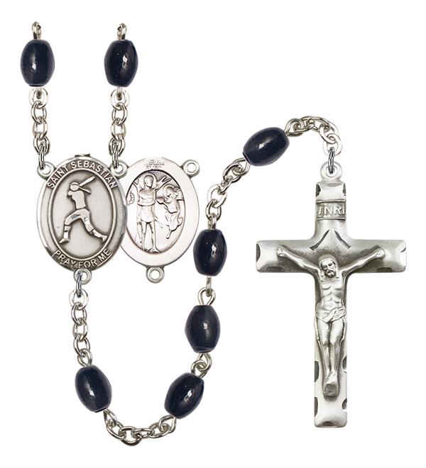 St. Sebastian / Women's Softball Rosary, 8x6mm Black Onyx Beads, Silver Plate, # 13490