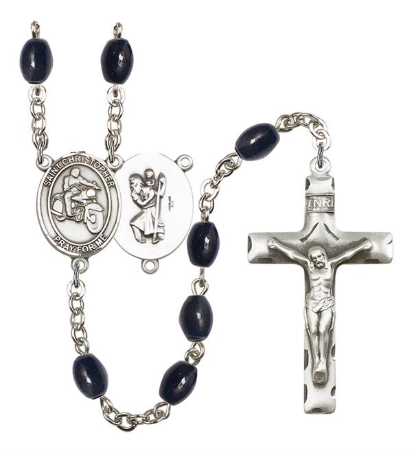 St. Christopher / Motorcycle Rosary, 8x6mm Black Onyx Beads, Silver Plate, # 13492