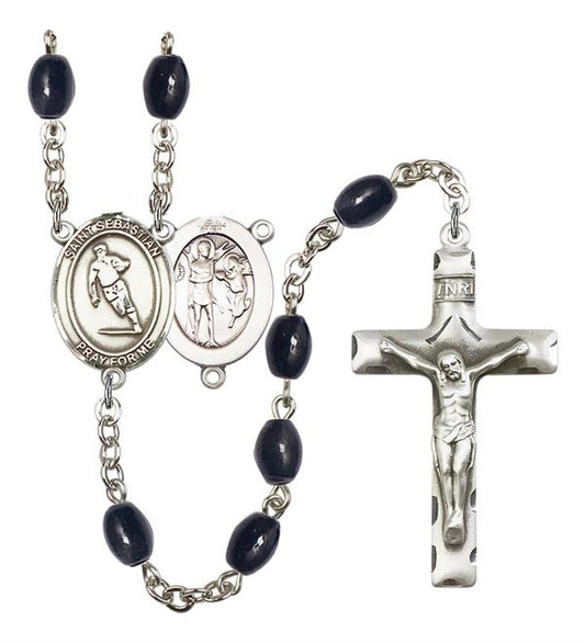 St. Sebastian / Rugby Rosary, 8x6mm Black Onyx Beads, Silver Plate, # 13494