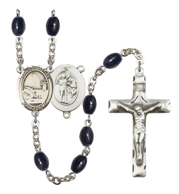 St. Sebastian / Fishing Rosary, 8x6mm Black Onyx Beads, Silver Plate, # 13495