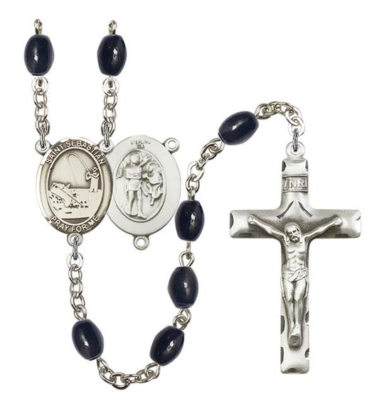St. Sebastian / Fishing Rosary, 8x6mm Black Onyx Beads, Silver Plate, # 13495