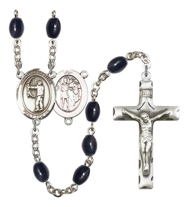 St. Sebastian / Archery Rosary, 8x6mm Black Onyx Beads, Silver Plate, # 13496