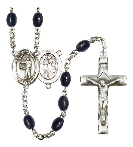 St. Sebastian / Archery Rosary, 8x6mm Black Onyx Beads, Silver Plate, # 13496