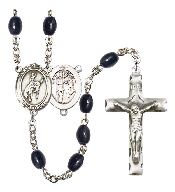 St. Sebastian / Rodeo Rosary, 8x6mm Black Onyx Beads, Silver Plate, # 13498