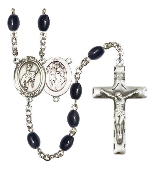 St. Sebastian / Rodeo Rosary, 8x6mm Black Onyx Beads, Silver Plate, # 13498