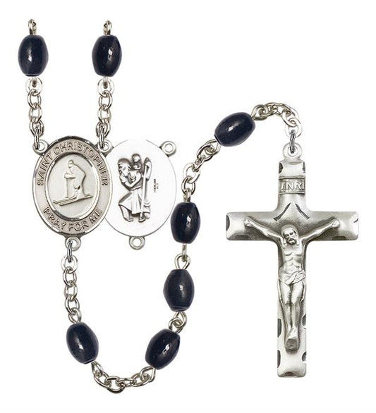 St. Christopher / Skiing Rosary, 8x6mm Black Onyx Beads, Silver Plate, # 13500