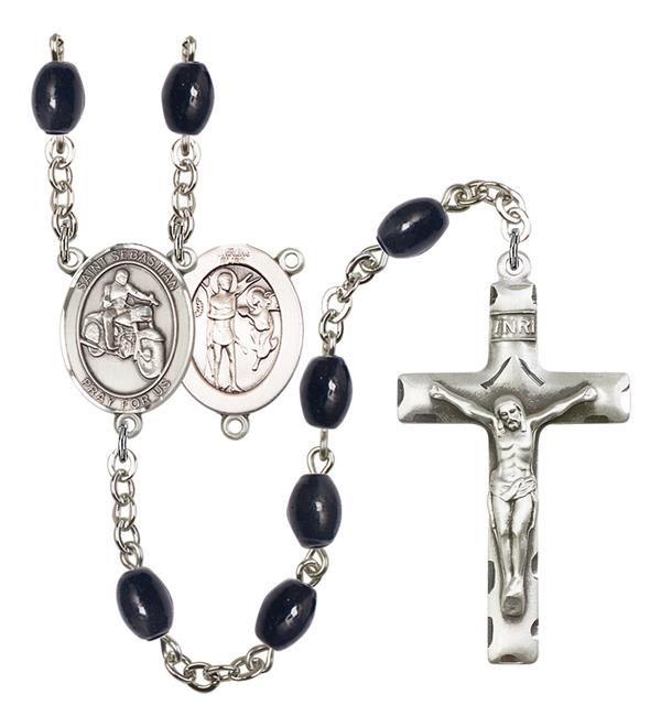 St. Sebastian / Motorcycle Rosary, 8x6mm Black Onyx Beads, Silver Plate, # 13504