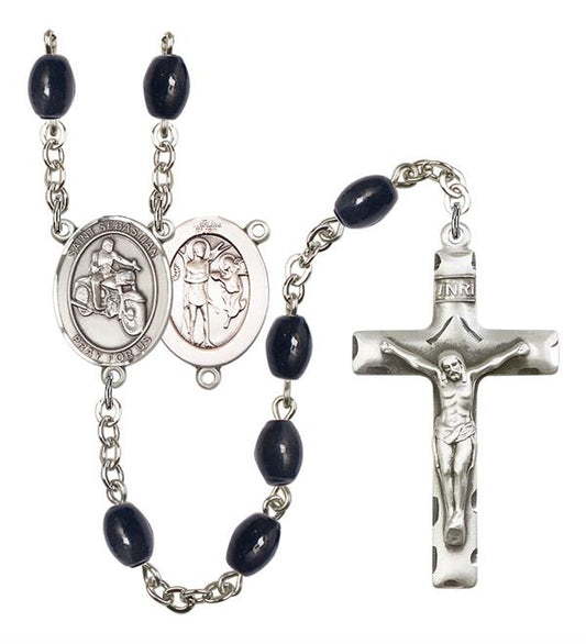 St. Sebastian / Motorcycle Rosary, 8x6mm Black Onyx Beads, Silver Plate, # 13504