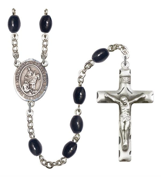 San Martin Caballero Spanish Rosary, 8x6mm Black Onyx Beads, Silver Plate, # 13508