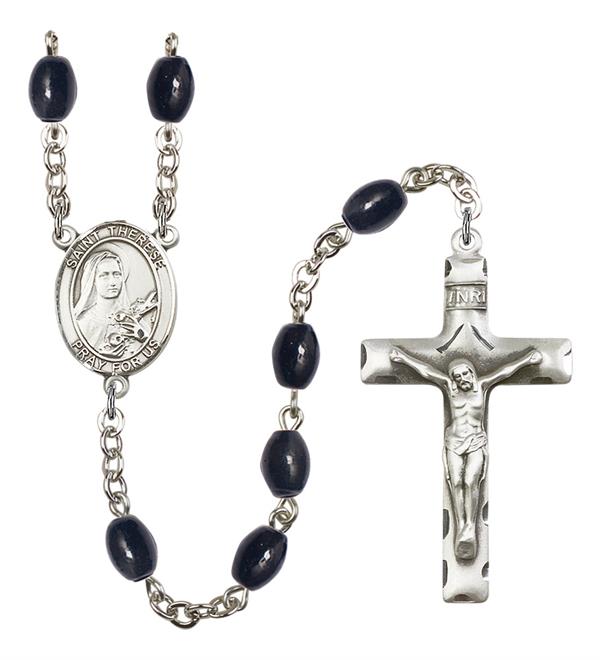 St. Therese of Lisieux Rosary, 8x6mm Black Onyx Beads, Silver Plate, # 13520
