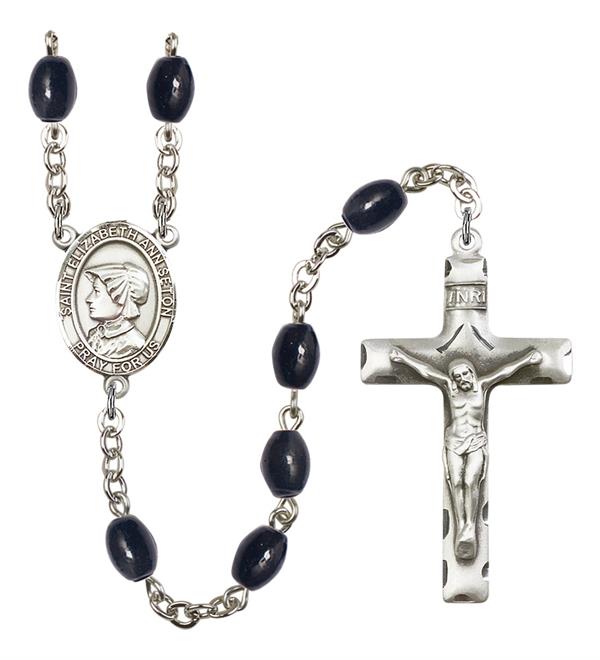 St. Elizabeth Ann Seton Rosary, 8x6mm Black Onyx Beads, Silver Plate, # 13535