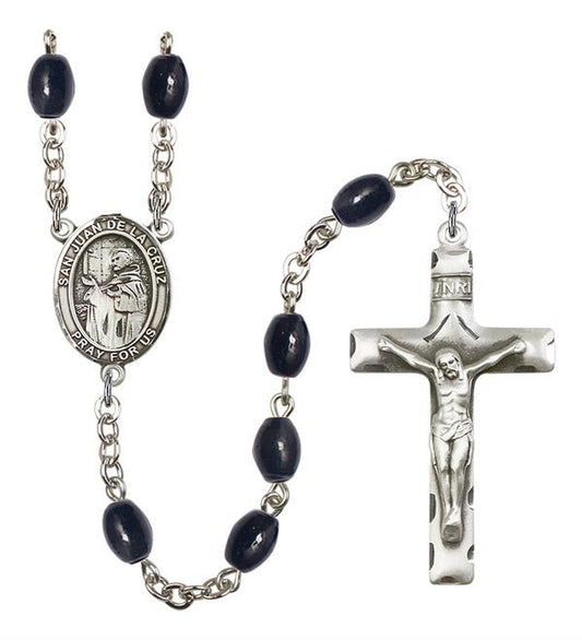 San Juan de la Cruz Rosary, 8x6mm Black Onyx Beads, Silver Plate, # 13543