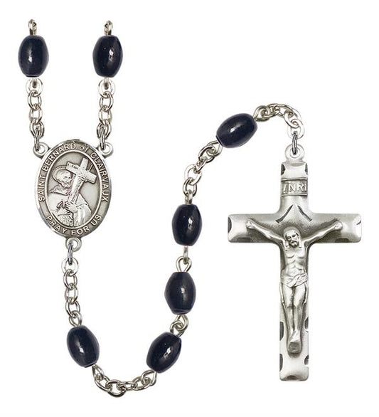 St. Bernard of Clairvaux Rosary, 8x6mm Black Onyx Beads, Silver Plate, # 13544