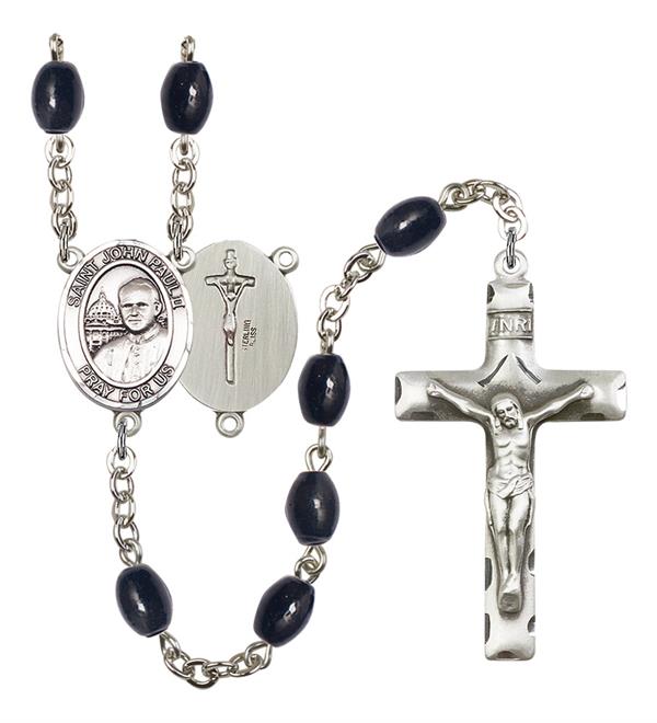 St. John Paul II Rosary, 8x6mm Black Onyx Beads, Silver Plate, # 13545