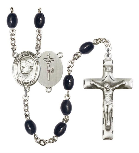 Pope Benedict XVI Rosary, 8x6mm Black Onyx Beads, Silver Plate, # 13546