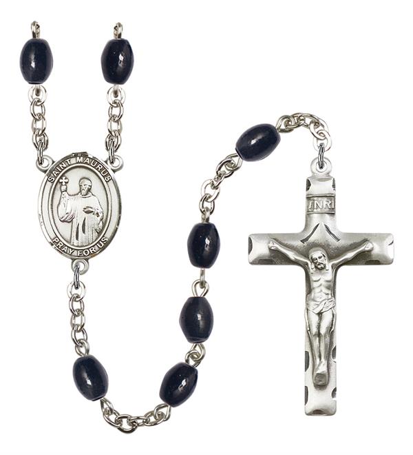 St. Maurus Rosary, 8x6mm Black Onyx Beads, Silver Plate, # 13552