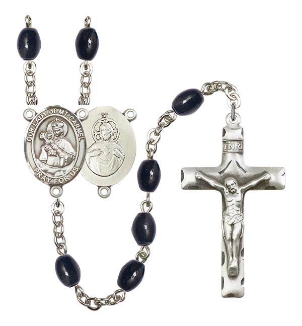 Our Lady of Mount Carmel Rosary, 8x6mm Black Onyx Beads, Silver Plate, # 13554