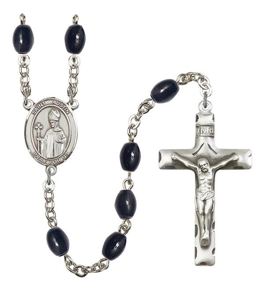 St. Austin Rosary, 8x6mm Black Onyx Beads, Silver Plate, # 13571