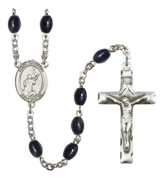 St. Tarcisius Rosary, 8x6mm Black Onyx Beads, Silver Plate, # 13576