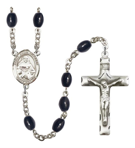 St. Julia Billiart Rosary, 8x6mm Black Onyx Beads, Silver Plate, # 13581