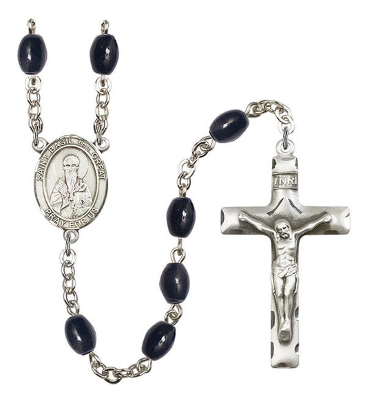 St. Basil the Great Rosary, 8x6mm Black Onyx Beads, Silver Plate, # 13589