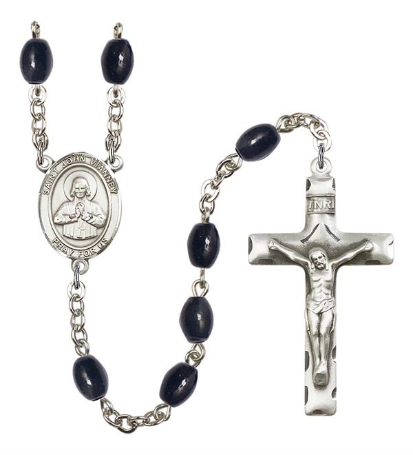 St. John Vianney Rosary, 8x6mm Black Onyx Beads, Silver Plate, # 13596