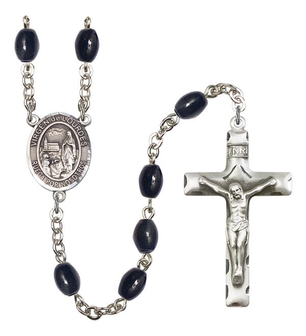 Virgen del Lourdes Spanish Rosary, 8x6mm Black Onyx Beads, Silver Plate, # 13603