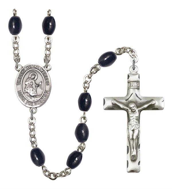 Virgen de la Merced Spanish Rosary, 8x6mm Black Onyx Beads, Silver Plate, # 13605