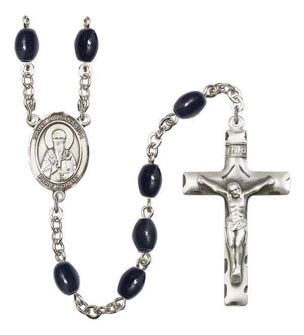 St. Athanasius Rosary, 8x6mm Black Onyx Beads, Silver Plate, # 13612