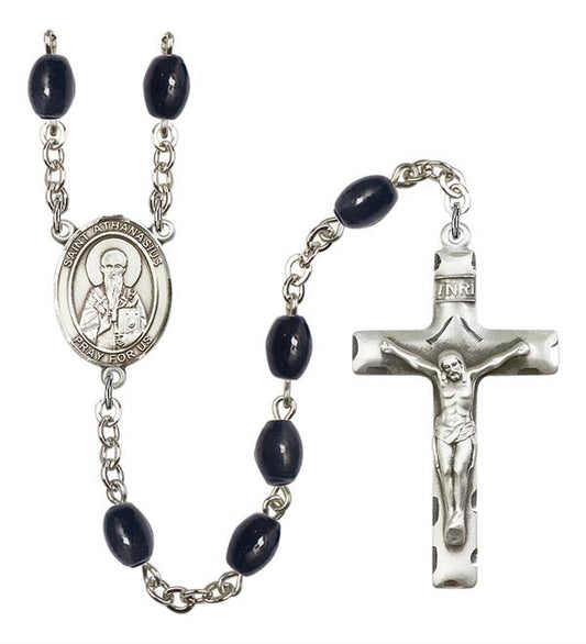 St. Athanasius Rosary, 8x6mm Black Onyx Beads, Silver Plate, # 13612