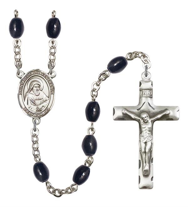 St. Bede the Venerable Rosary, 8x6mm Black Onyx Beads, Silver Plate, # 13618
