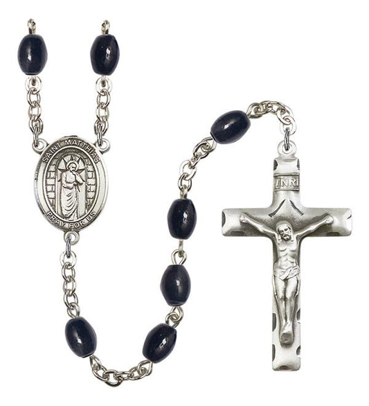 St. Matthias the Apostle Rosary, 8x6mm Black Onyx Beads, Silver Plate, # 13653