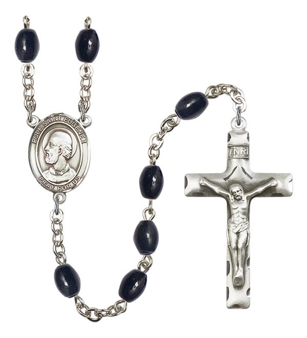 Pope Saint Eugene I Rosary, 8x6mm Black Onyx Beads, Silver Plate, # 13675