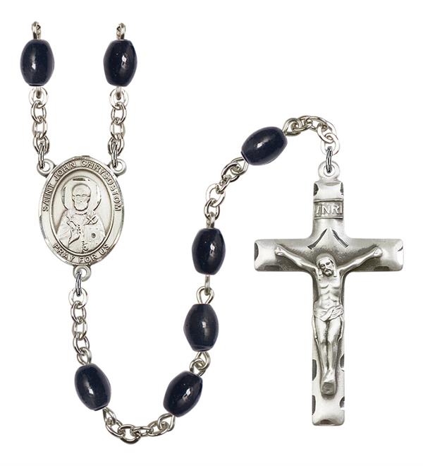 St. John Chrysostom Rosary, 8x6mm Black Onyx Beads, Silver Plate, # 13680