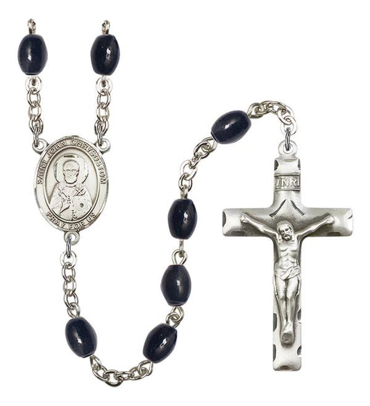 St. John Chrysostom Rosary, 8x6mm Black Onyx Beads, Silver Plate, # 13680